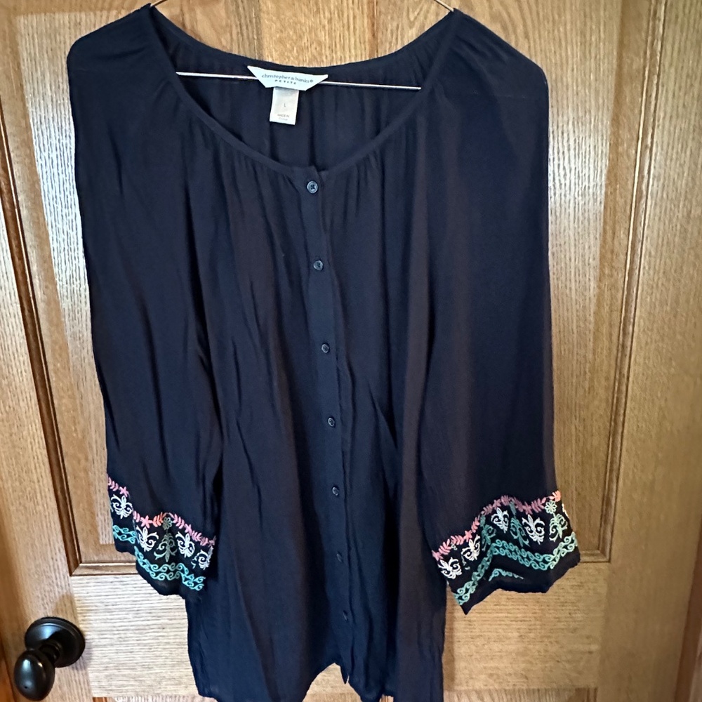 Christopher & Banks Petite Peasant Style Navy Top.  Size L.